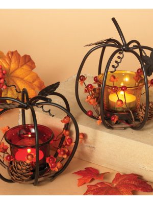 Metal Pumpkin with Glass Candle Holder, 2 Assorted